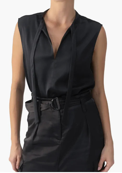 Unbeatable Deal Tie Neck Satin Shell ~Black