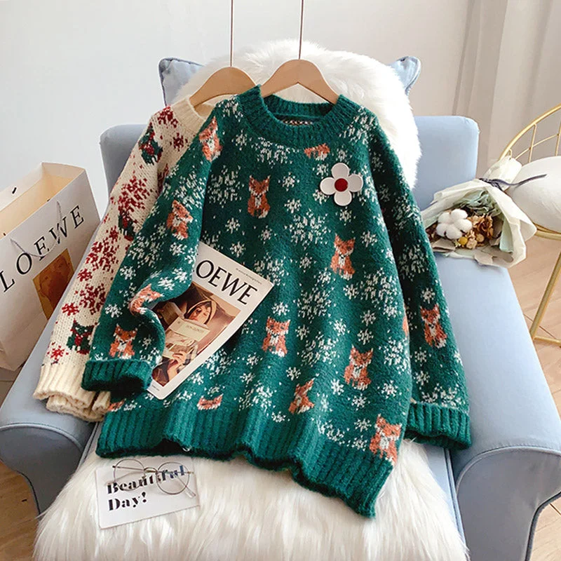 Weekend Bargains Just for You Vintage Red Christmas jacquard knitted sweater  4956