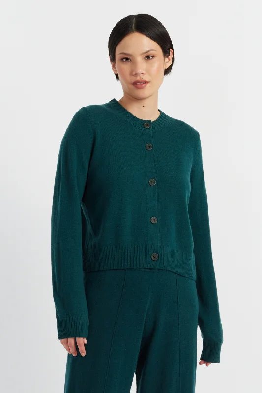 Price Reduction Forest-Green Wool-Cashmere Crew Neck Cardigan