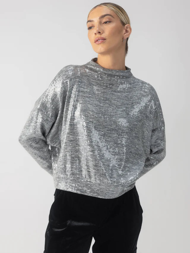 Can't Beat Sequin Funnel Neck Top ~Heather Grey Sequin