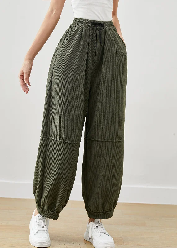Quick Deals Green Loose Corduroy Harem Pants Elastic Waist Winter