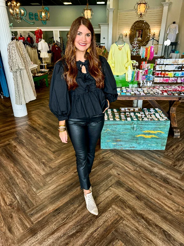 Deep Savings Bow Tie Neck Top: Black