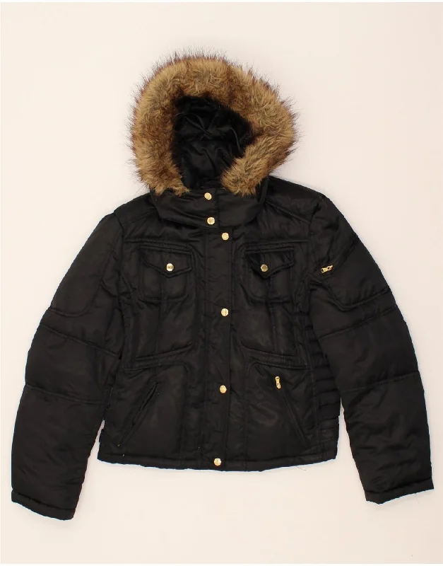 Don't Wait GUESS Womens Hooded Padded Jacket UK 16 Large Black Nylon