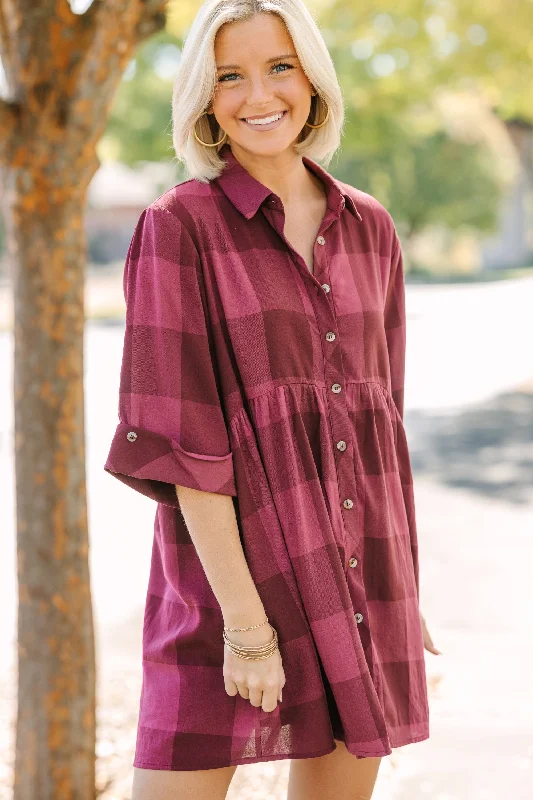 Deal Mania We're Better Together Burgundy Red Plaid Babydoll Dress