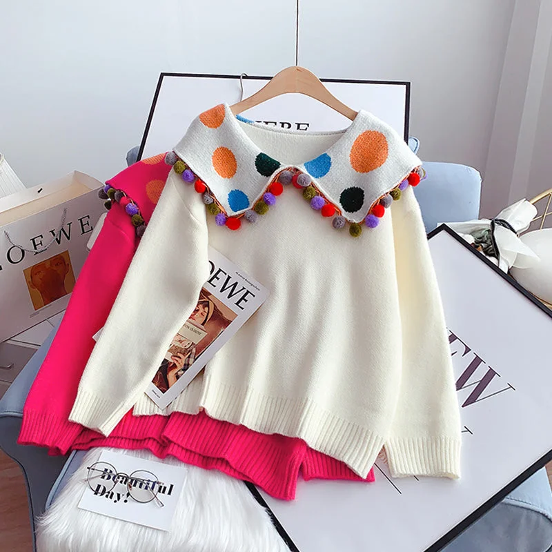 Weekend Bargains to Celebrate Large lapel color ball sweater aging sweater top  4951