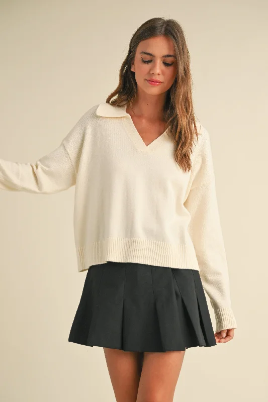Inventory Reduction Collared V-neck Long Sleeve Knitted Sweater