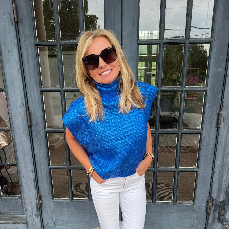 Overstock Clearance Mandi Metallic Foil Sweater Top | Blue