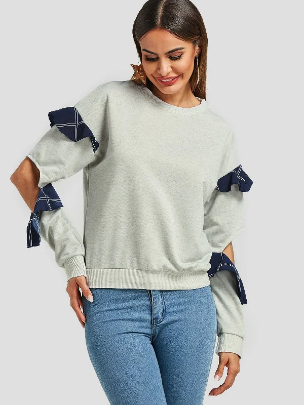 Sale Alert Custom Round Neck Cut Out Long Sleeve Grey Top