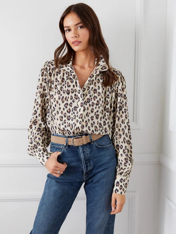 Weekend Offers That Sizzle Shirred Button-Up Blouse Animal Print FINAL SALE