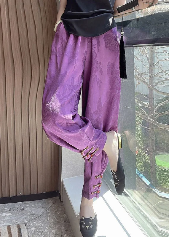Weekend Bargains to Sizzle Jacquard Purple Pockets Elastic Waist Patchwork Silk Crop Pants Fall