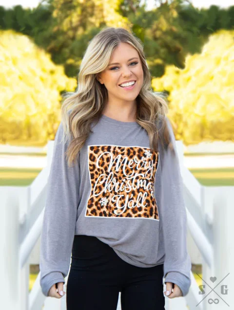 Weekend Deals to Brighten Your Day MERRY CHRISTMAS Y'ALL LEOPARD PATCH ON GREY LONGSLEEVE (Small)