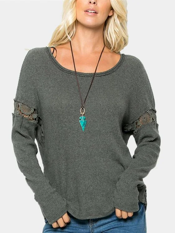 Crazy Deals Wholesale Round Neck Lace Hollow Long Sleeve Grey Top