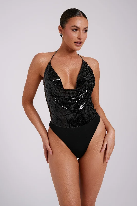 Instant Deal Nathalie Sequin Cowl Bodysuit - Black