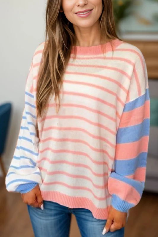 Hurry In Contrast Striped Round Neck Long Sleeve Sweater