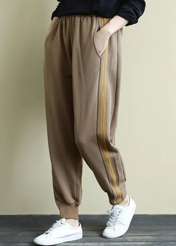 Weekend Wonders Await! Casual Khaki Pockets Elastic Waist Warm Fleece Beam Pants Winter