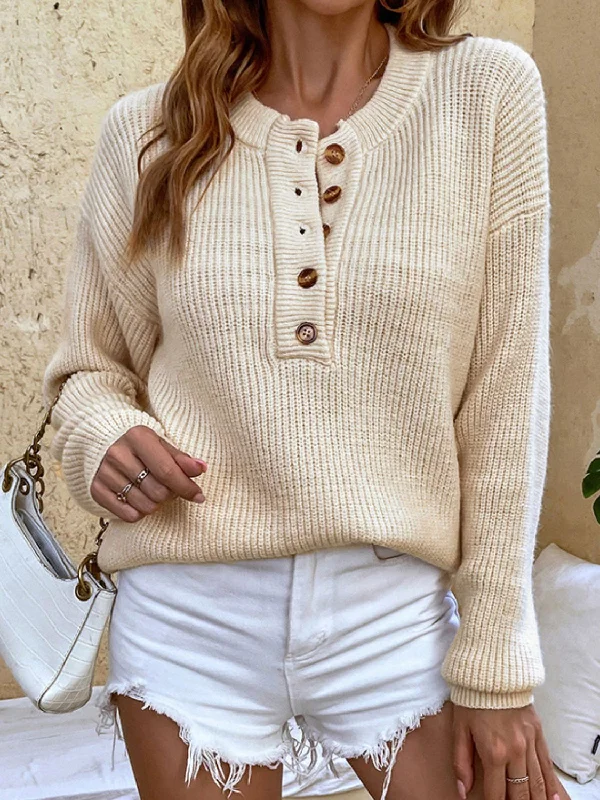 Weekend Specials to Love Round Neck Ribbed Button-Down Sweater