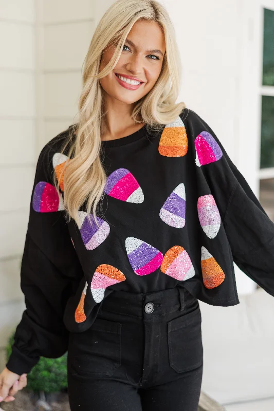 Best Seller Candy Corn Craze Black Sequin Pullover