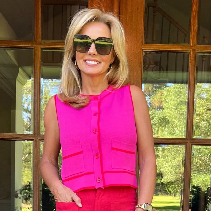 New Deal Kyra Sweater Vest | Pink with Red Trim