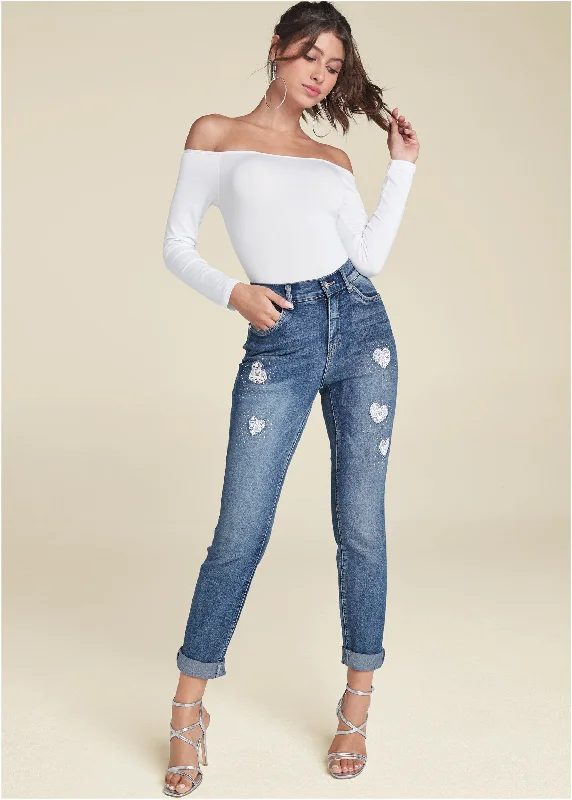 Closeout Heart Patch Jeans - Medium Wash