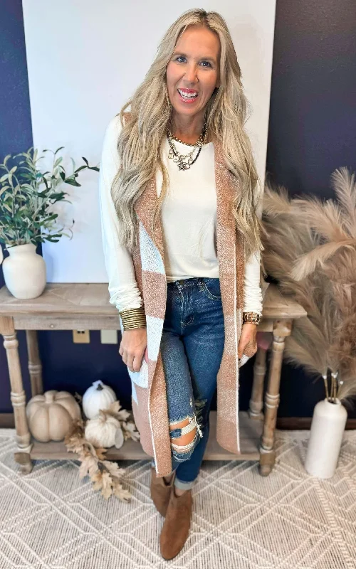 Time-Limited Offer Mocha Checked Long Sweater Vest