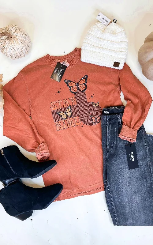 Season Finale Sale Stay Kind Garment Dyed Long Sleeve Graphic Top