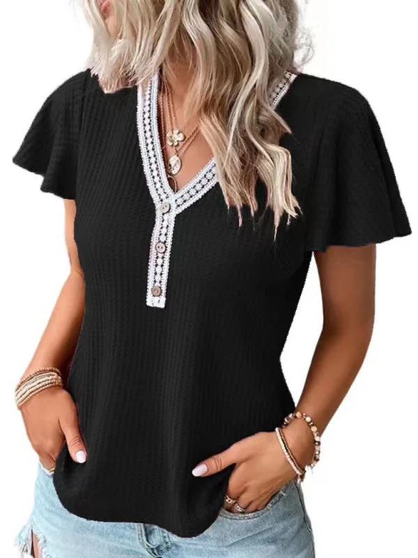 Savings Soar This Weekend Women's Flutter Sleeve Waffle Knit Lace Trim Button Up Top