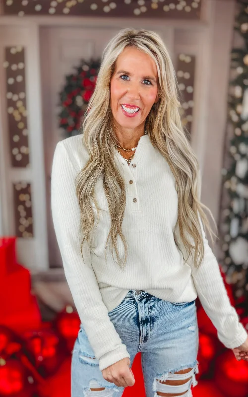 Final Markdown Ivory Half Button Up Long Sleeve Knit Top