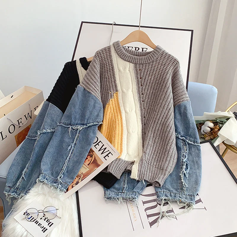 Weekend Sale: Don't Miss Out Denim sleeve stitched sweater niche sweater top  4923