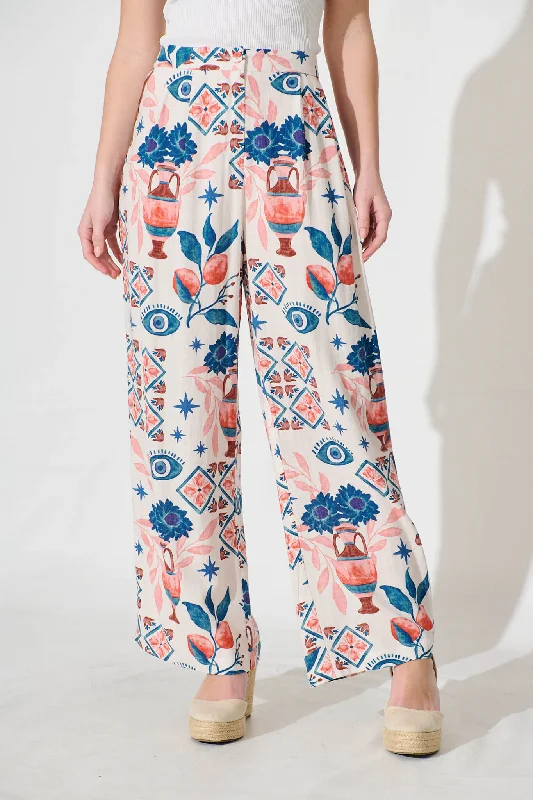Online Only Frisco Pant In Cream With Multi Print With Ric Rac Trim