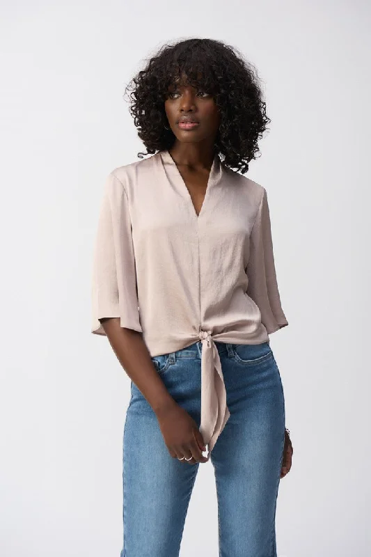 Celebrate the Weekend with Discounts Joseph Ribkoff Satin V Neck Top With Front Tie