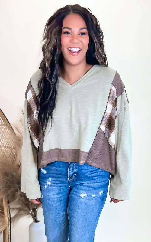 Act Now Olive Plaid Contrast V-Neck Long Sleeve Top | POL