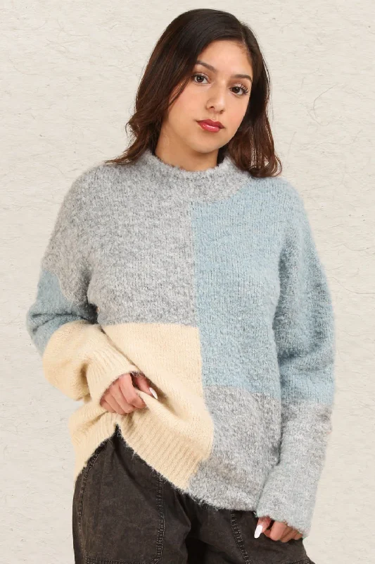 Bonus Offer Color Block Mock Neck Drop Shoulder Sweater