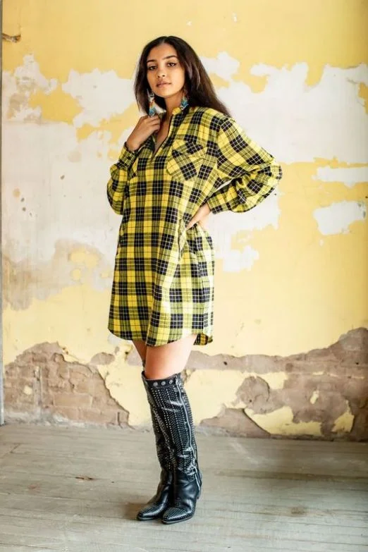Exclusive Access YELLOW PLAID CASUAL V-NECK TUNIC WITH ZIPPER (2XL & 3XL)