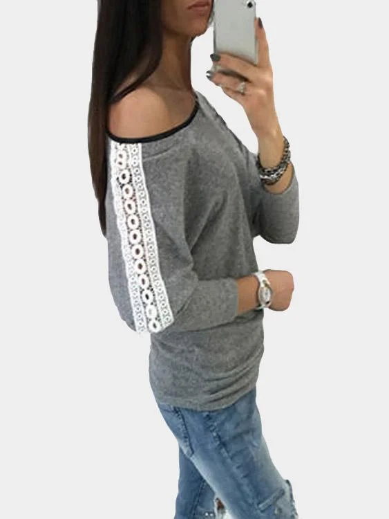 Markdown Sale Custom Round Neck One Shoulder Lace Long Sleeve Grey Top