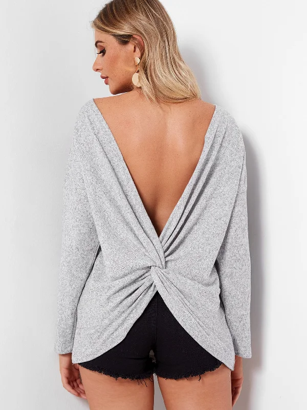 Limited Availability OEM ODM Round Neck Crossed Front Backless Long Sleeve Grey Top
