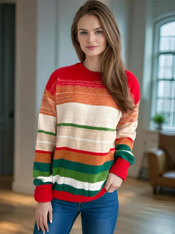 Weekend Specials to Savor Contrast Striped Round Neck Long Sleeve Sweater