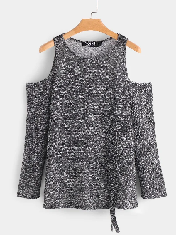 Weekend Special Custom Round Neck Cold Shoulder Plain Long Sleeve Grey T-Shirts