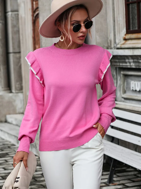 Super Sale Round Neck Ruffle Trim Long Sleeve Pullover Sweater