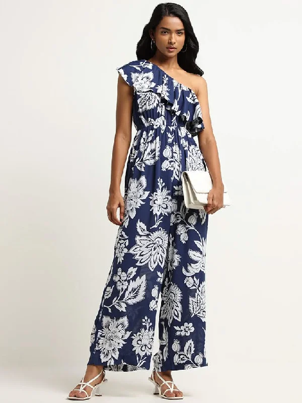 Low Prices LOV Navy Floral One-Shoulder Jumpsuit