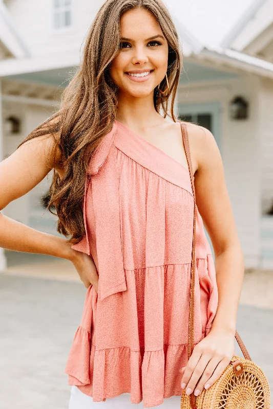 Shop and Save It's A Brand New Day Salmon Pink One Shoulder Tank
