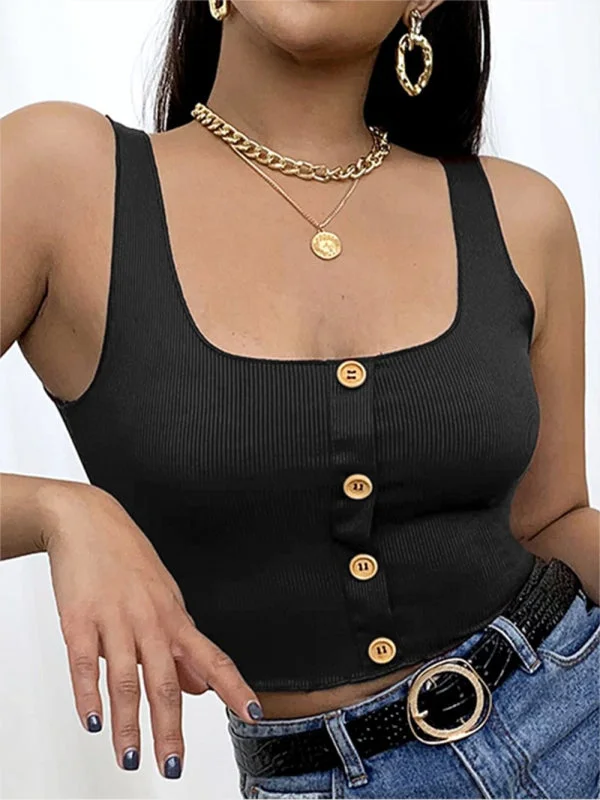Weekend Discounts to Love Women's Square Neck Button Front Knit Crop Tank Top