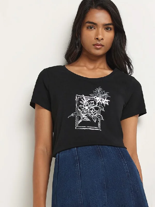 Deal Dash LOV Black Graphic Print Cotton T-Shirt