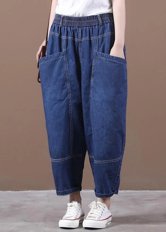 Crazy Deals Loose Denim Blue Pockets Elastic Waist Denim Crop Pants Fall