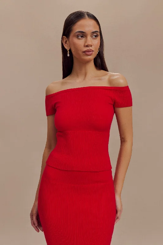 Steals and Deals Mathilde Ribbed Knit Off Shoulder Top - Ruby