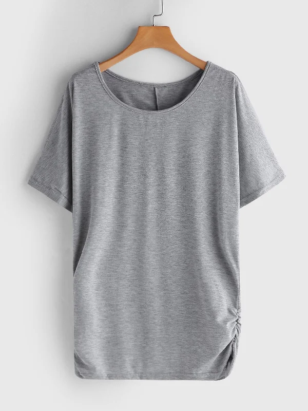 Fantastic Offers OEM ODM Round Neck Pleated Short Sleeve Grey T-Shirts