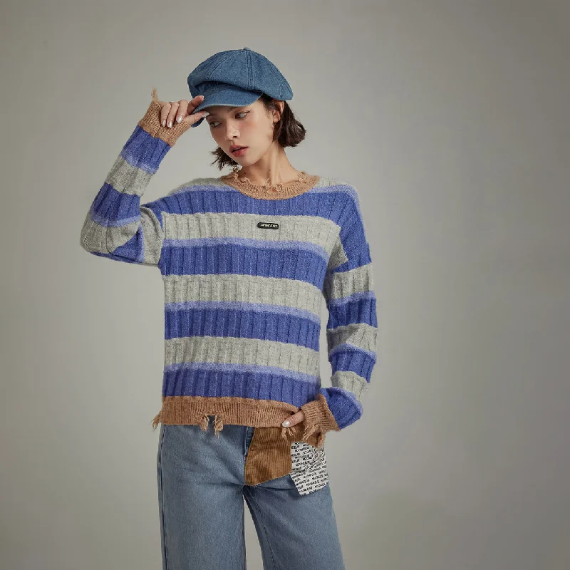 Discount Deals Distressed Striped Loose Knit Sweater
