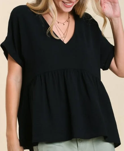 Weekend Wonders Await! Black N-Neck Babydoll Blouse (Medium)