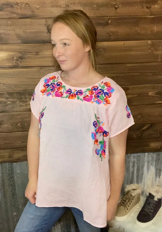 Time-Limited Offer Floral Embroidery Top - Pink