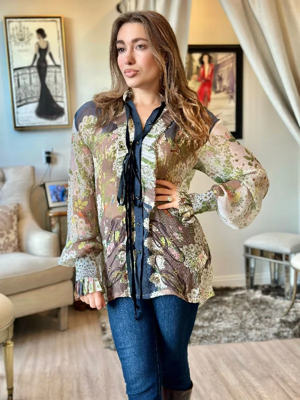 Final Markdown Falguni Shane Peacock Vintage Garden Chiffon Print Front Ruffle Blouse