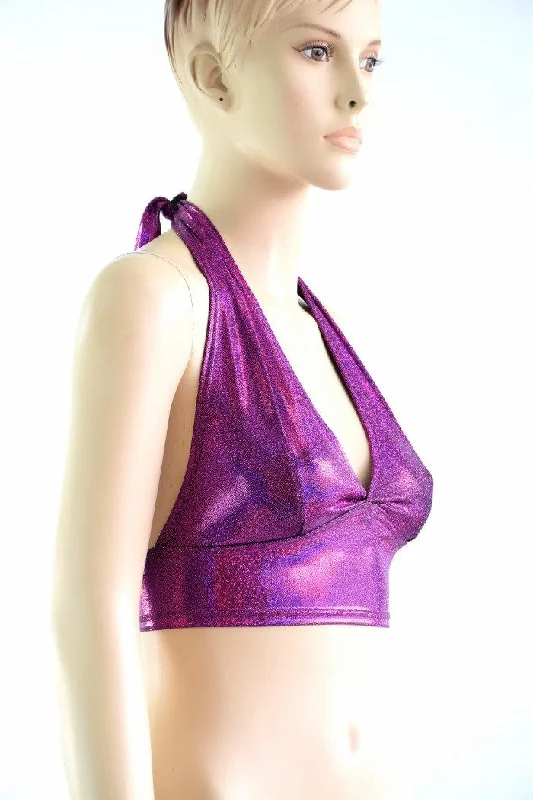 Anniversary Sale Tie Back Halter Top in Fuchsia Sparkly Jewel